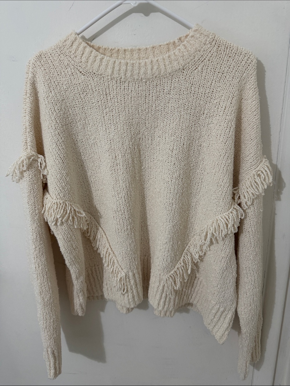 Madewell Cream Fringe-Trim Crewneck Sweater